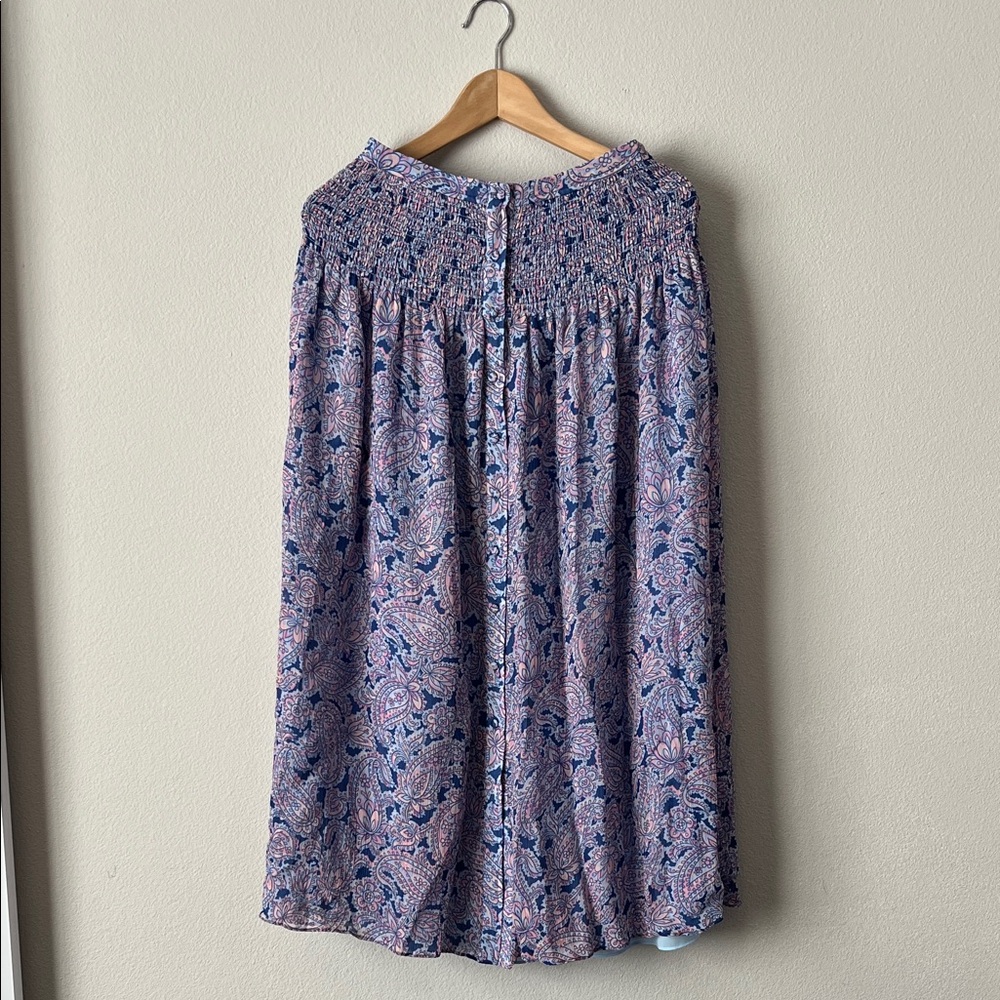 Floral Paisley Print Smocked Waist Midi Skirt Size S Pink Blue